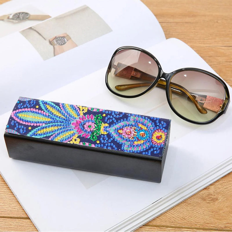 Blue and Yellow Leaf Leather Glasses Storage Case Diamond Painting Kits STOBOX314