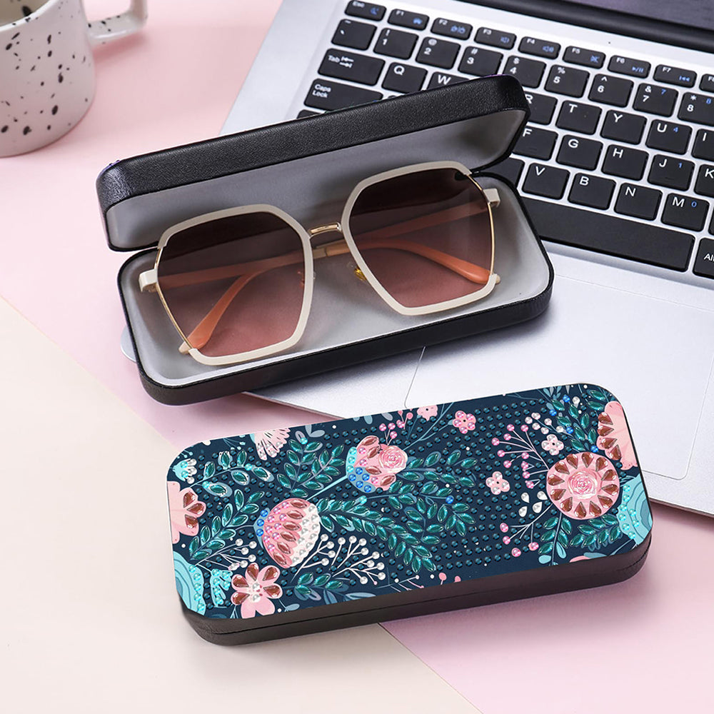 Flowers and Green Leaves Leather Glasses Storage Case Diamond Painting Kits STOBOX360