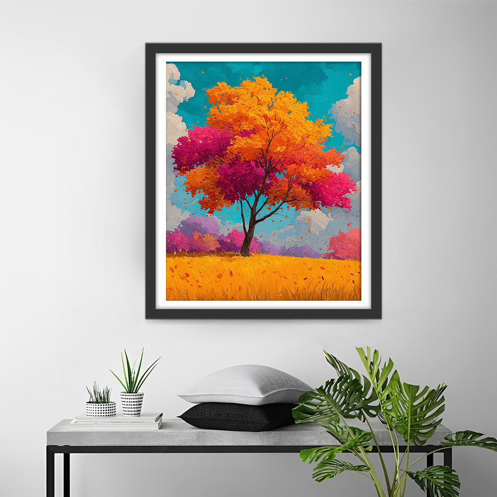A Brightly Colored Tree in a Golden Rice Field Diamond Painting