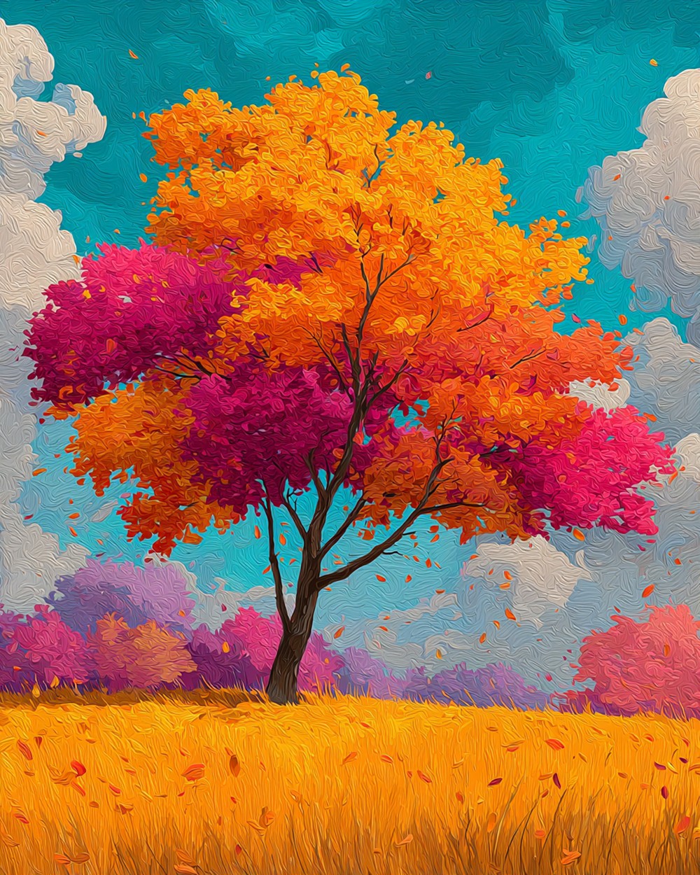 A Brightly Colored Tree in a Golden Rice Field Diamond Painting