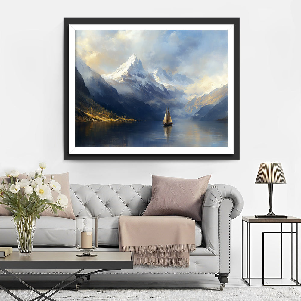 A Tranquil Lake surrounded by Snow-Capped Mountains Diamond Painting