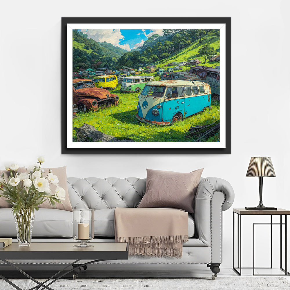 A Vehicle Dumping Ground in a Lush, Green Hilly Area Diamond Painting