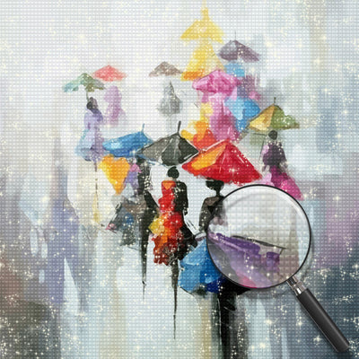 Abstract Pedestrians with Umbrellas Diamond Painting