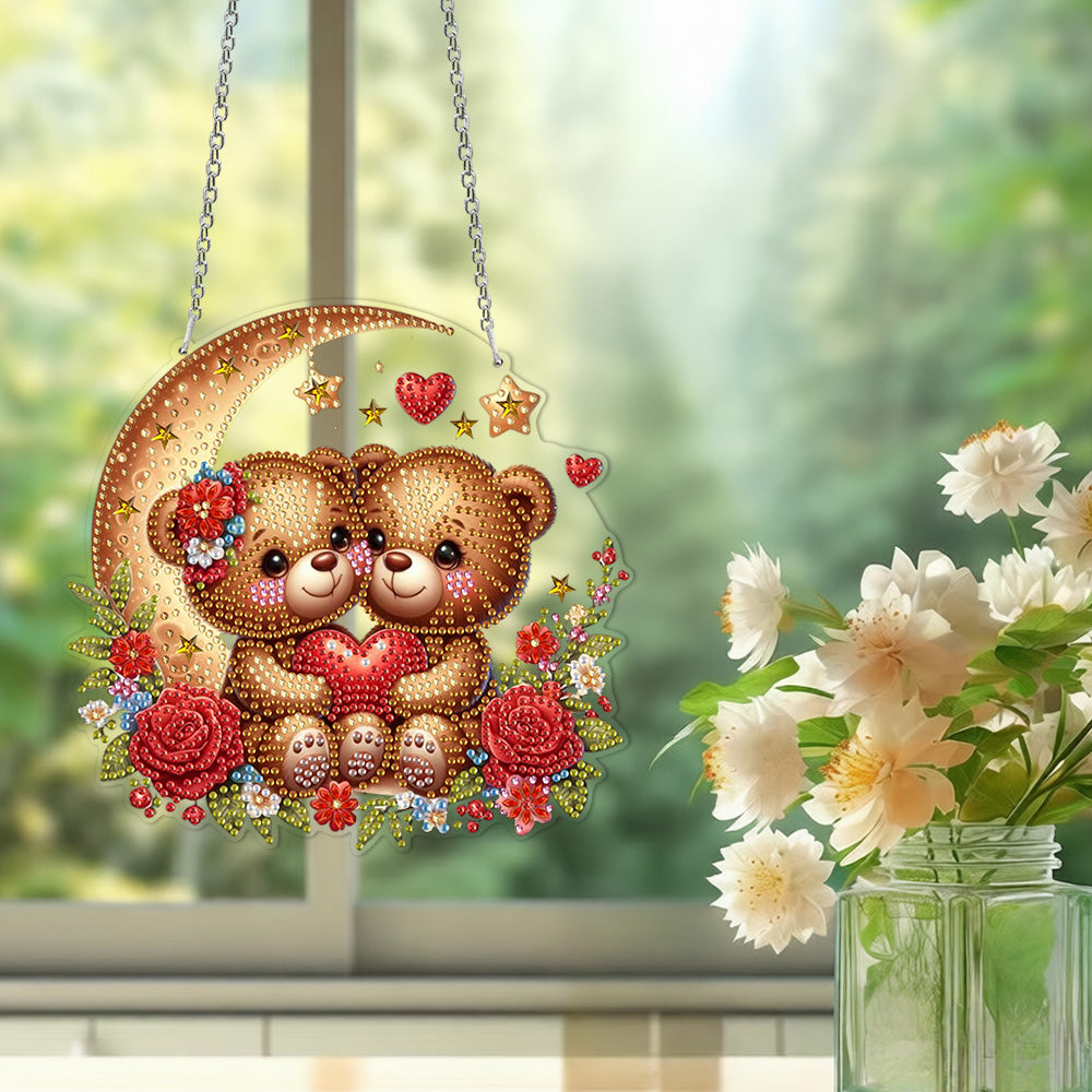 Acrylic Cartoon Bears in Love on the Moon Diamond Painting Hanging Pendant