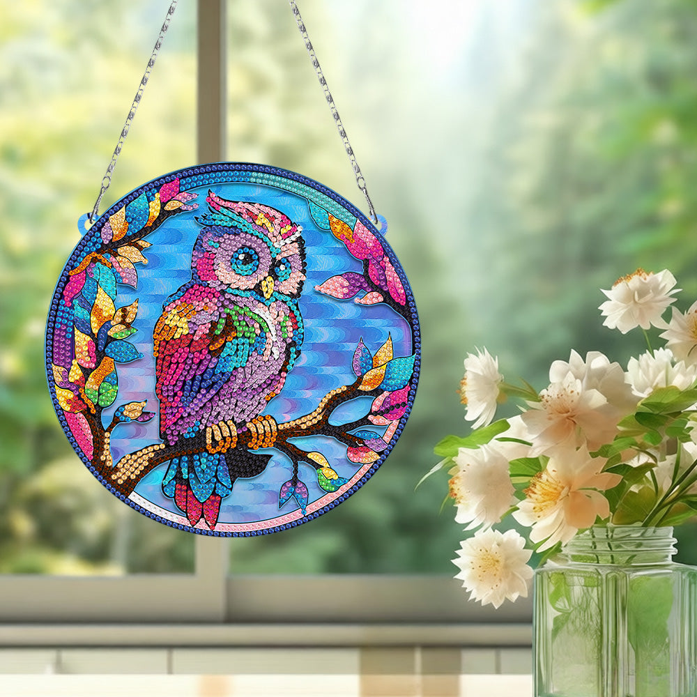 Acrylic Colorful Owl on Branch Diamond Painting Hanging Pendant