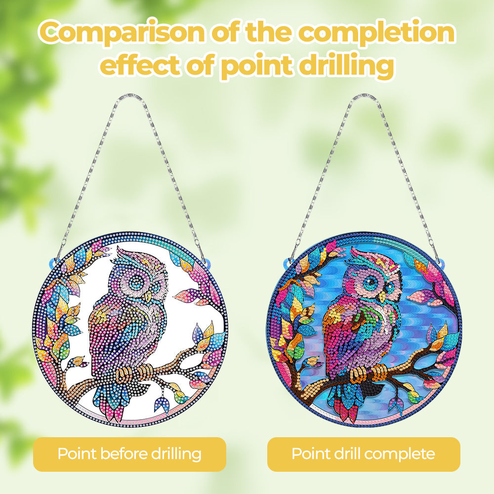 Acrylic Colorful Owl on Branch Diamond Painting Hanging Pendant