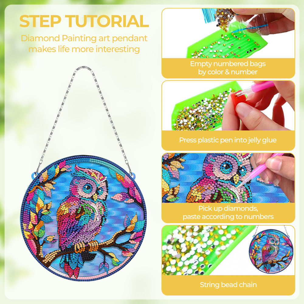 Acrylic Colorful Owl on Branch Diamond Painting Hanging Pendant