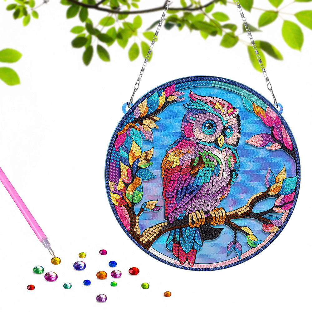 Acrylic Colorful Owl on Branch Diamond Painting Hanging Pendant