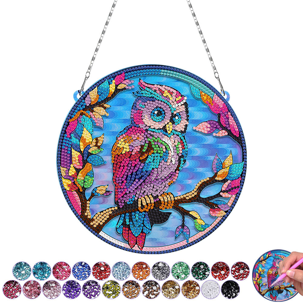 Acrylic Colorful Owl on Branch Diamond Painting Hanging Pendant