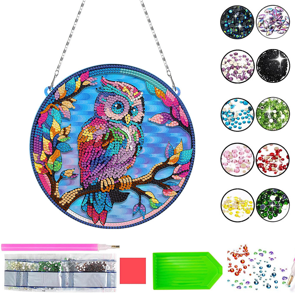 Acrylic Colorful Owl on Branch Diamond Painting Hanging Pendant