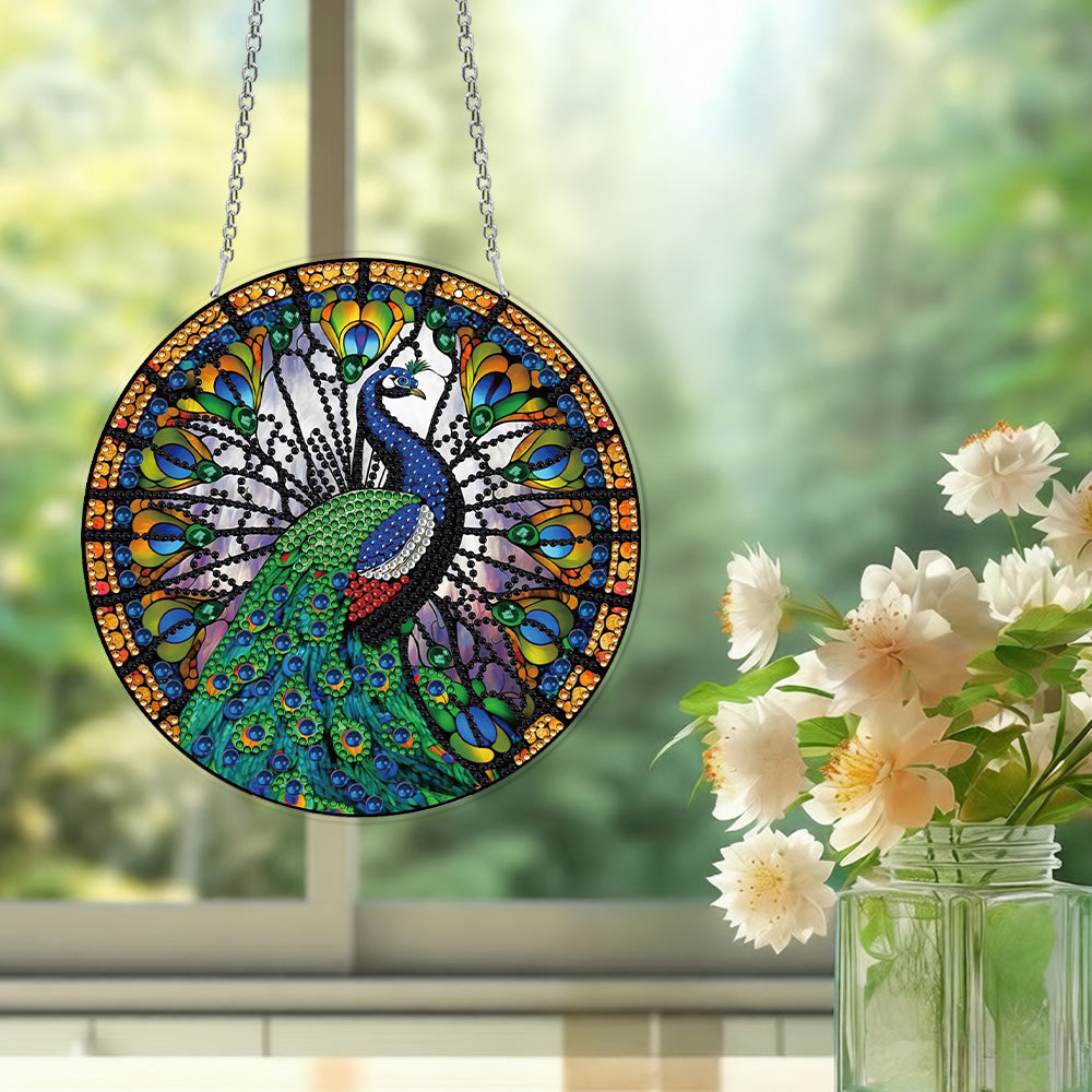 Acrylic Magnificent Blue-Green Peacock Diamond Painting Hanging Pendant