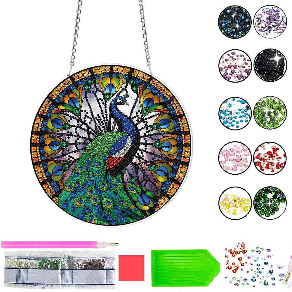Acrylic Magnificent Blue-Green Peacock Diamond Painting Hanging Pendant