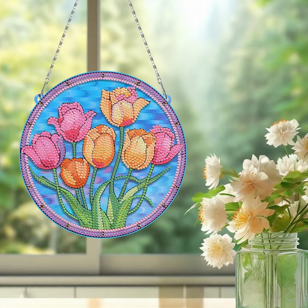 Acrylic Pink and Orange Tulips Diamond Painting Hanging Pendant