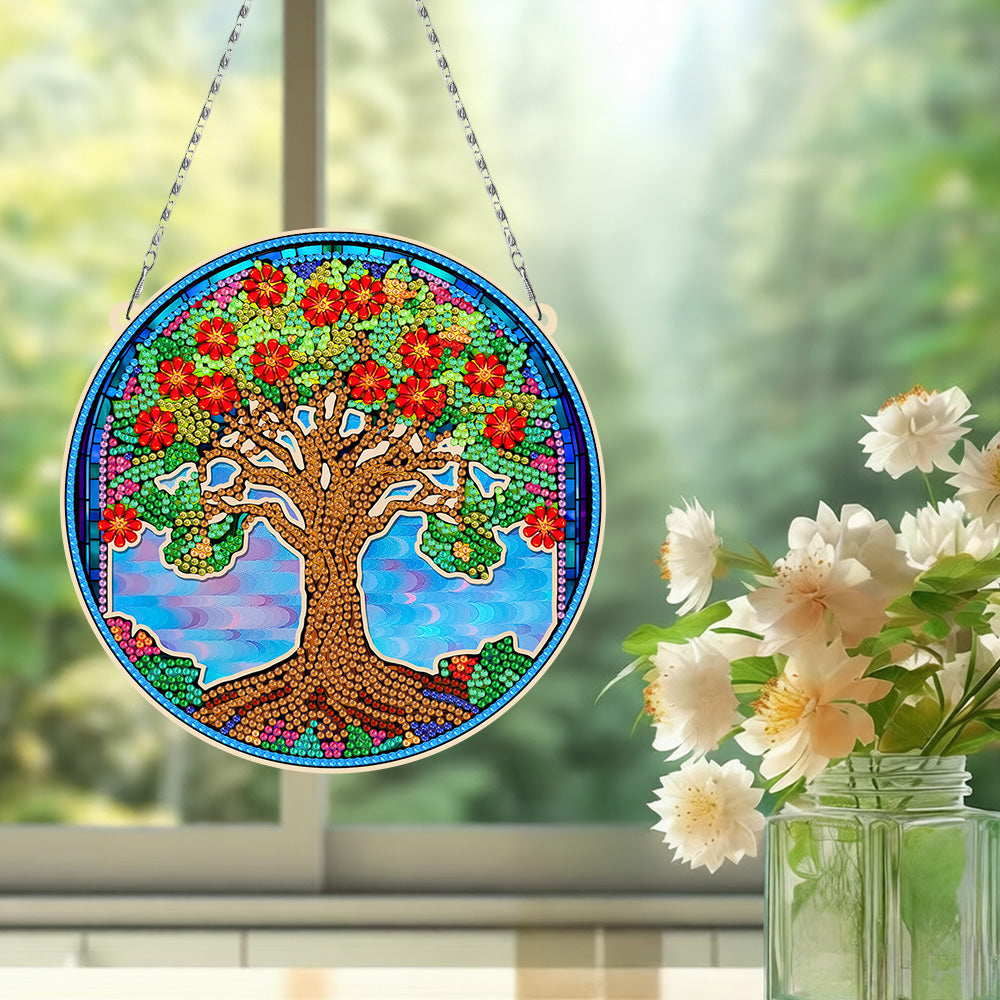 Acrylic Tree Covered in Red Flowers Diamond Painting Hanging Pendant