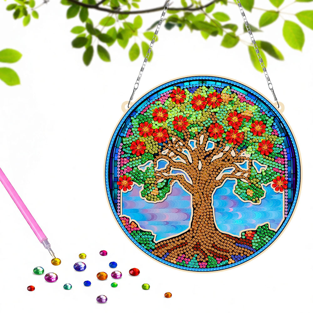 Acrylic Tree Covered in Red Flowers Diamond Painting Hanging Pendant