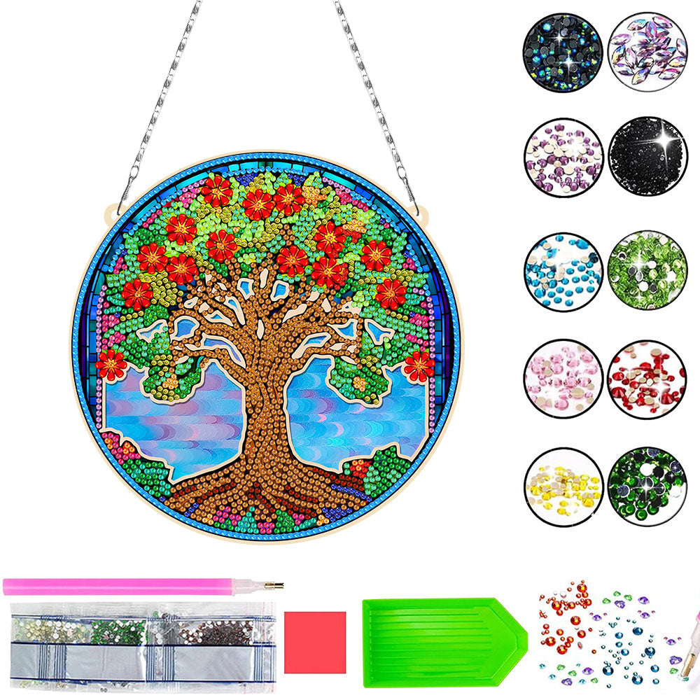 Acrylic Tree Covered in Red Flowers Diamond Painting Hanging Pendant