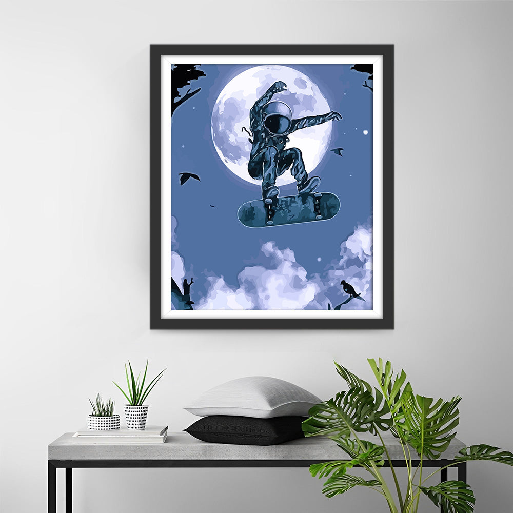 Astronaut Skateboarding under the Moon Diamond Painting