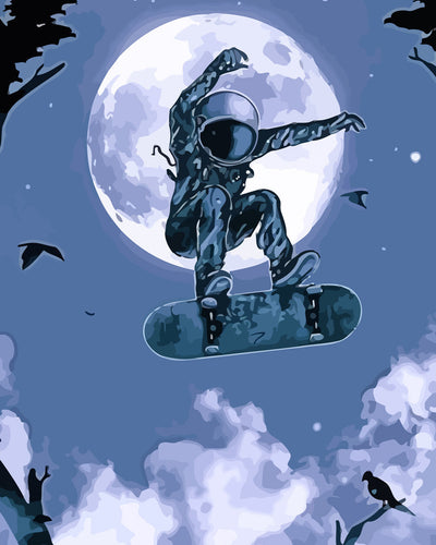 Astronaut Skateboarding under the Moon Diamond Painting