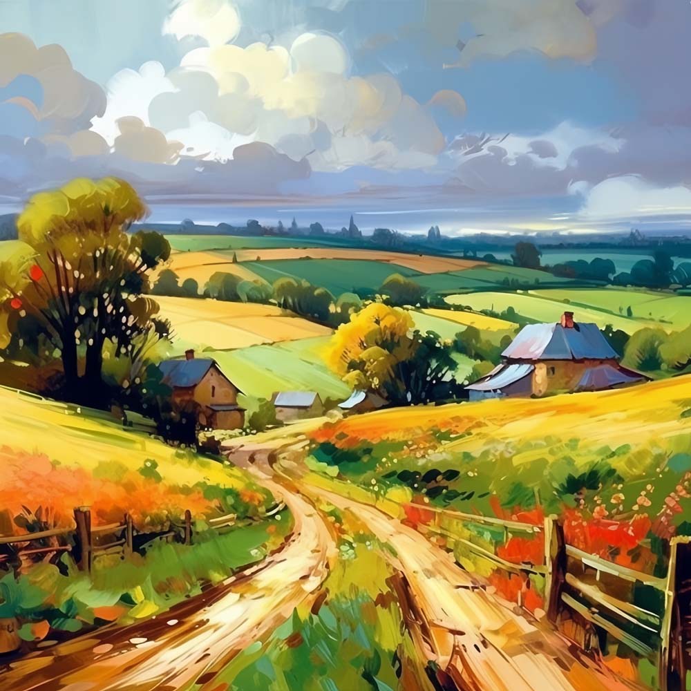 Autumn Farmland and Cottage Diamond Painting