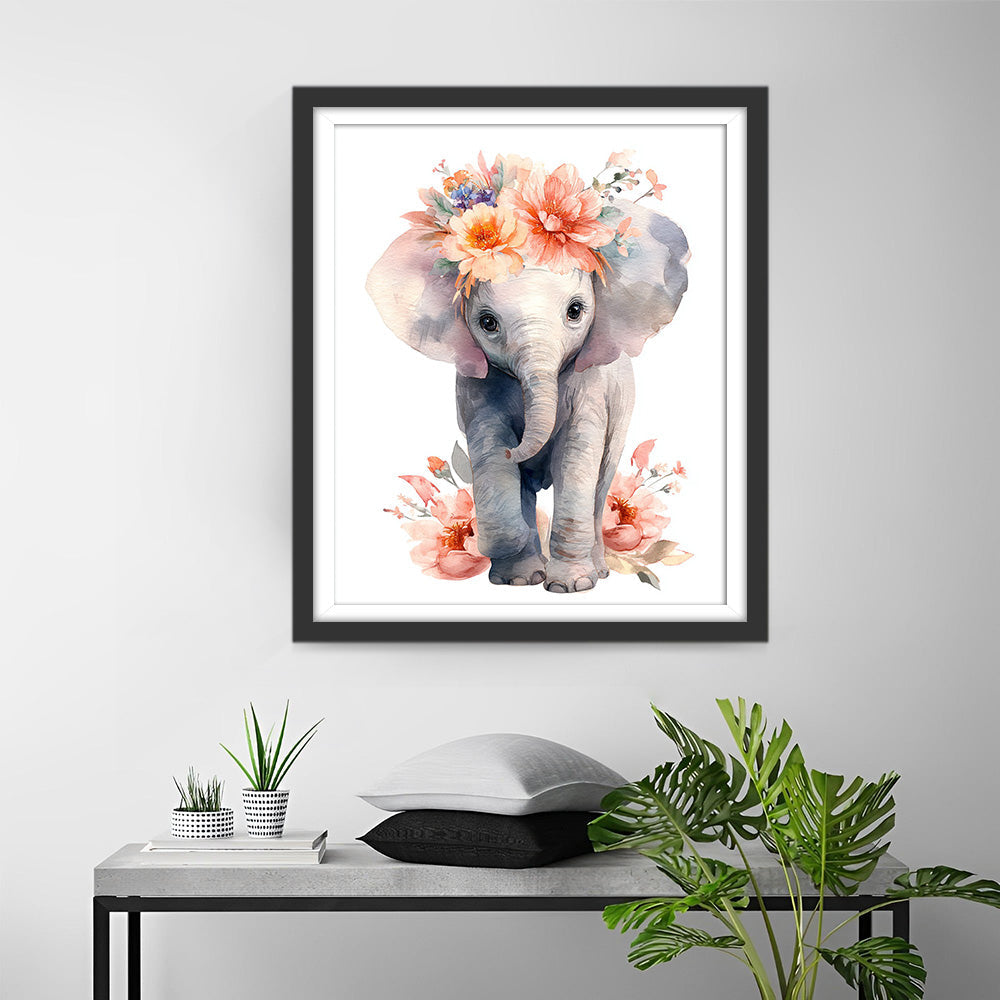 Baby Elephant and Flowers Diamond Painting