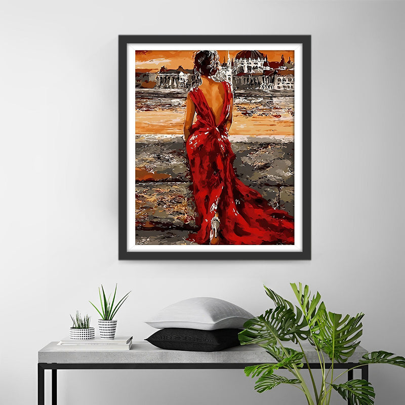 Back View of Woman in Red Dress Diamond Painting