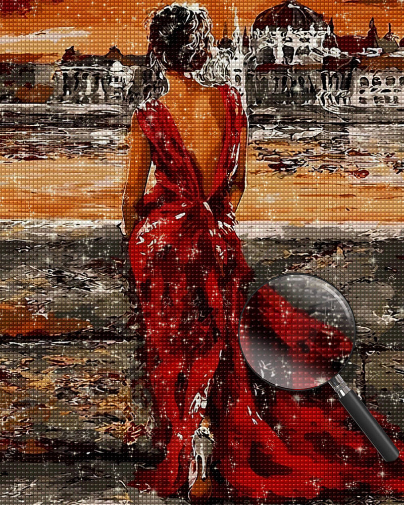 Back View of Woman in Red Dress Diamond Painting