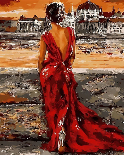 Back View of Woman in Red Dress Diamond Painting