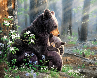 Bear and Baby Bear in the Morning Forest Diamond Painting