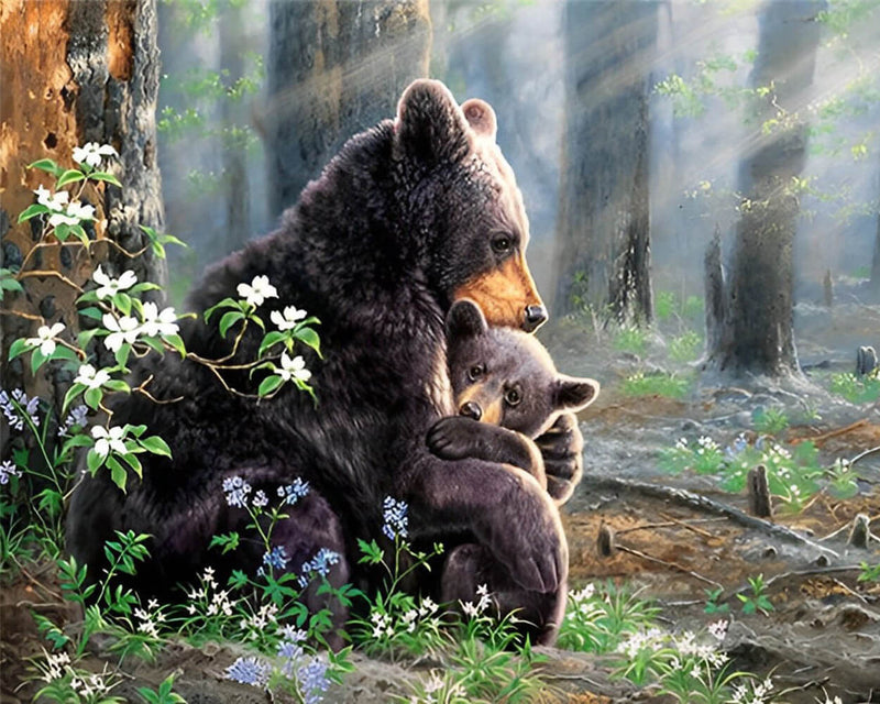 Bear and Baby Bear in the Morning Forest Diamond Painting