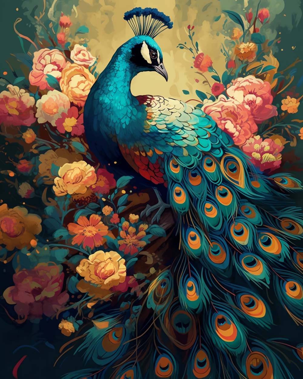 Beautiful Peacock and Peony Flowers Diamond Painting