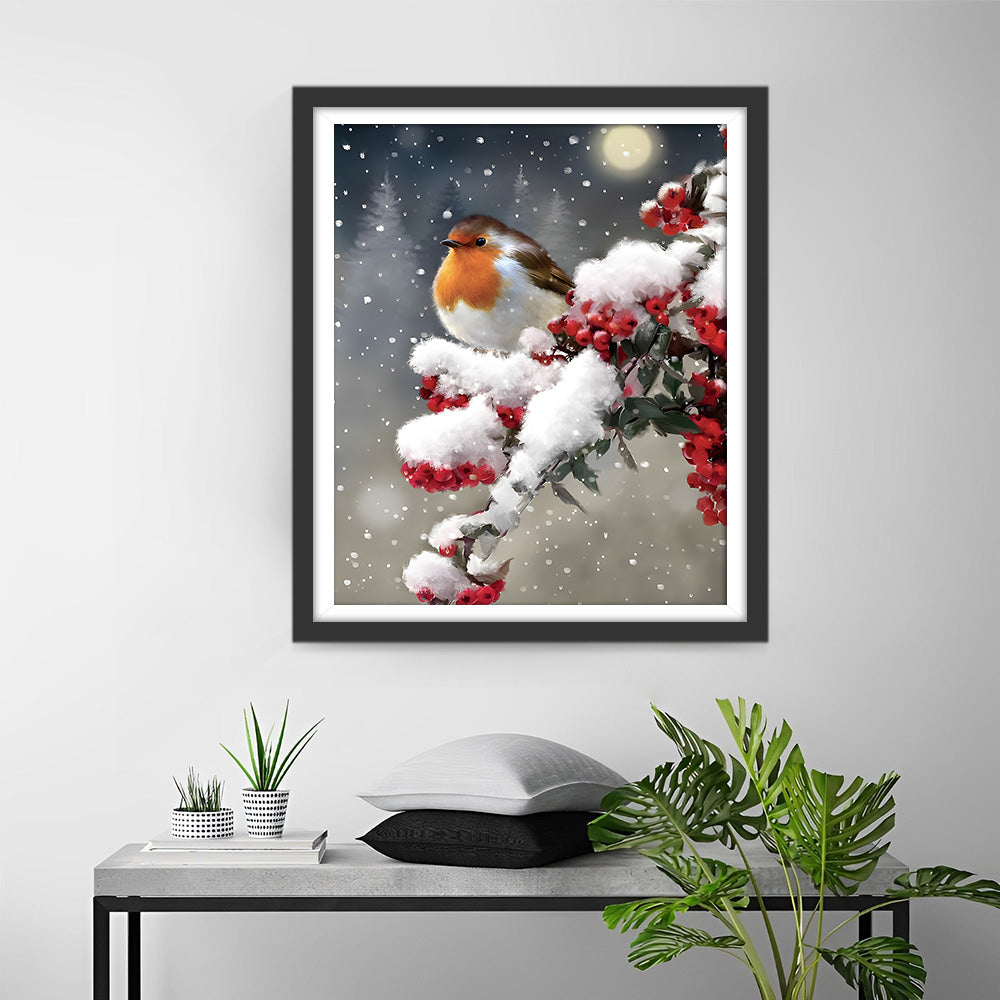 Bird and Red Berries in the Snow Diamond Painting