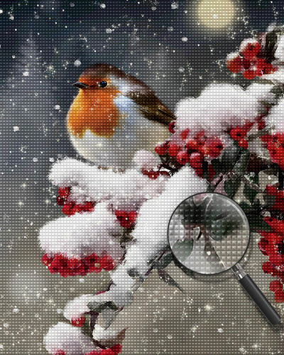 Bird and Red Berries in the Snow Diamond Painting