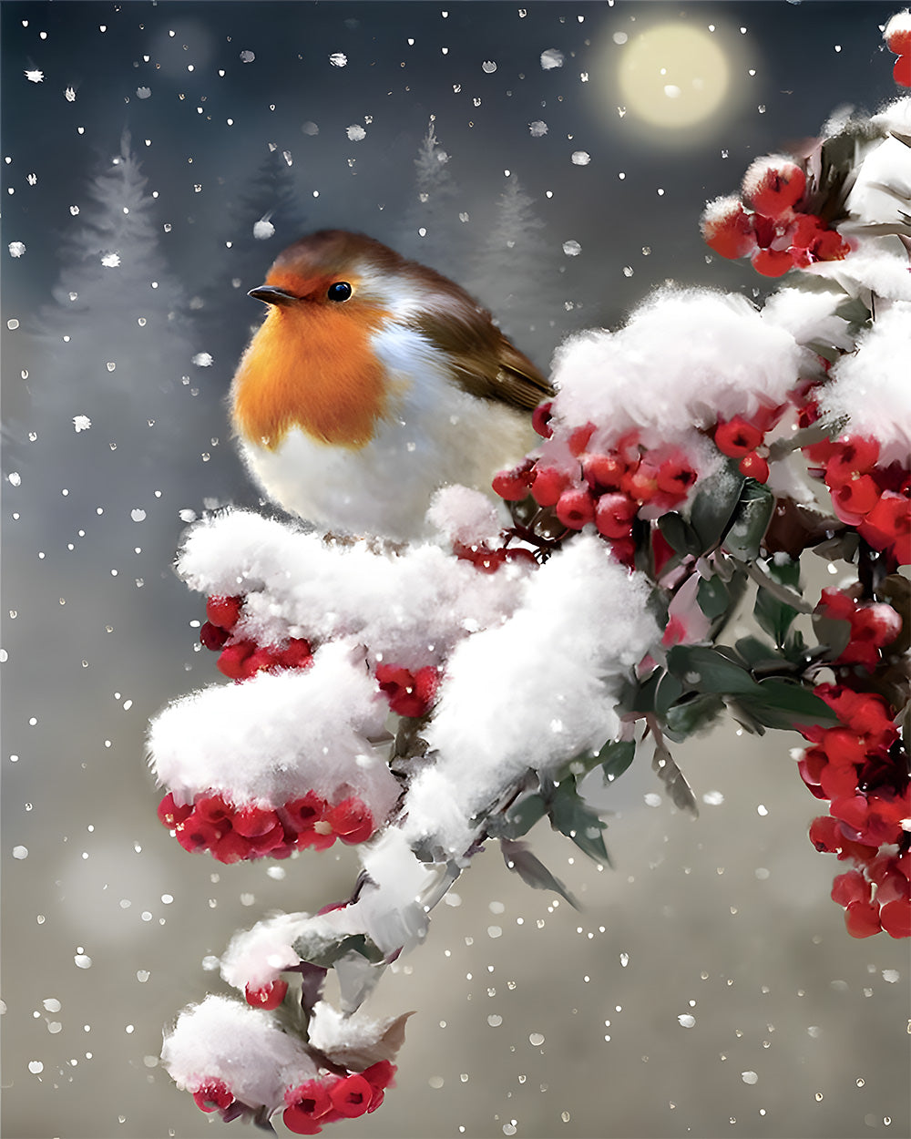 Bird and Red Berries in the Snow Diamond Painting