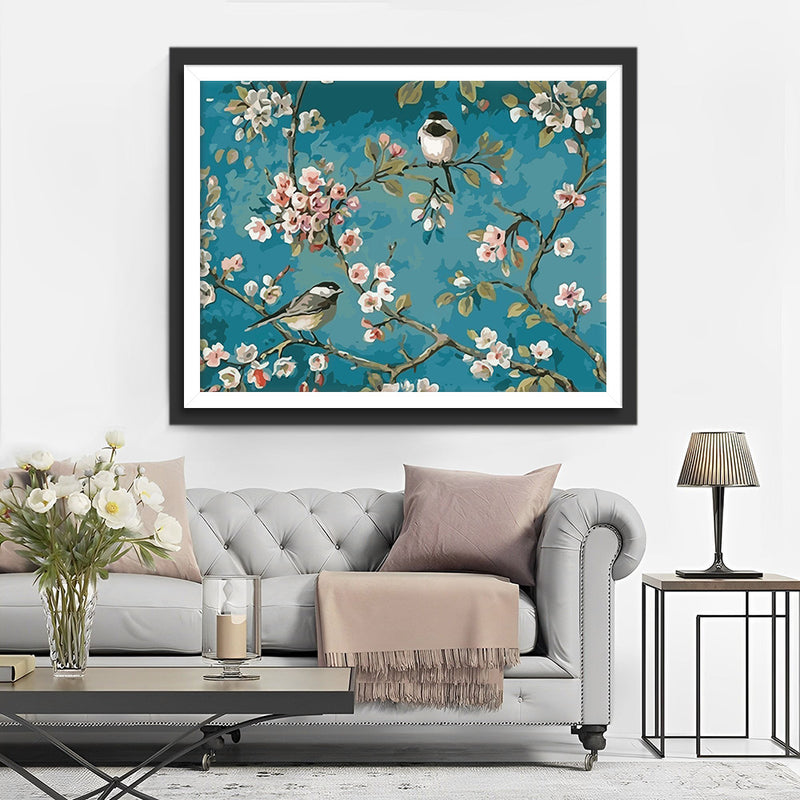 Birds and Flowers on Blue Background Diamond Painting
