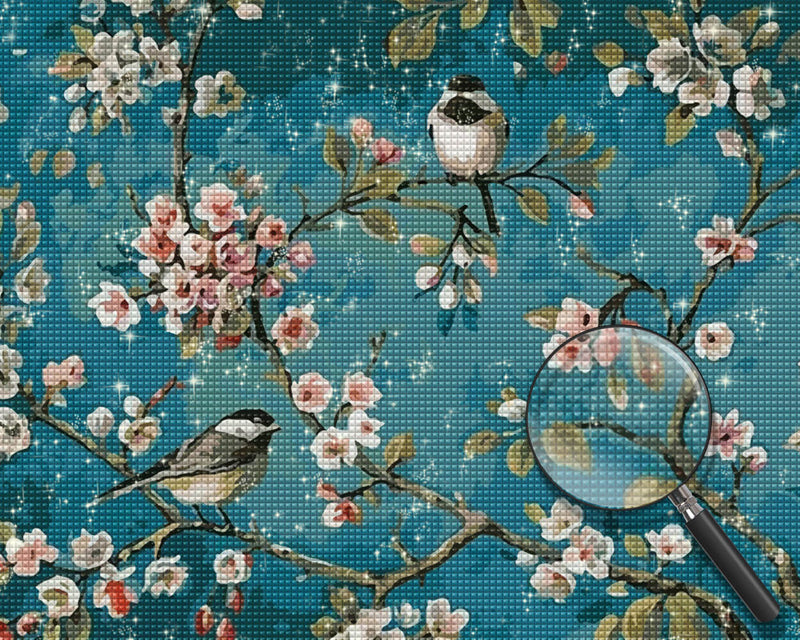 Birds and Flowers on Blue Background Diamond Painting