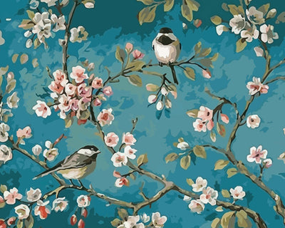 Birds and Flowers on Blue Background Diamond Painting