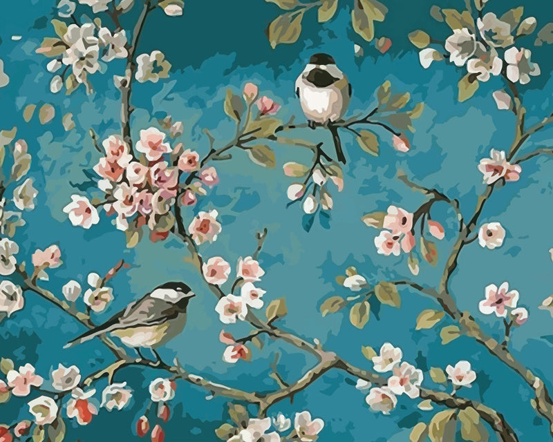 Birds and Flowers on Blue Background Diamond Painting