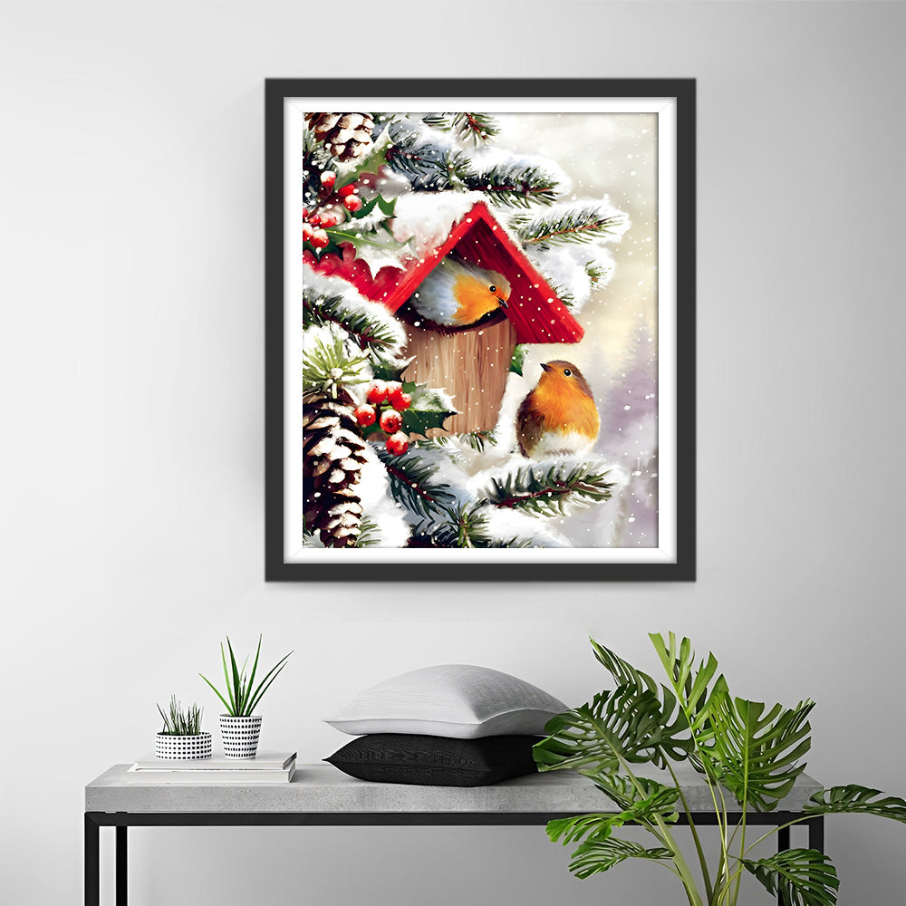 Bird's Nest and Red Berries in the Snow Diamond Painting
