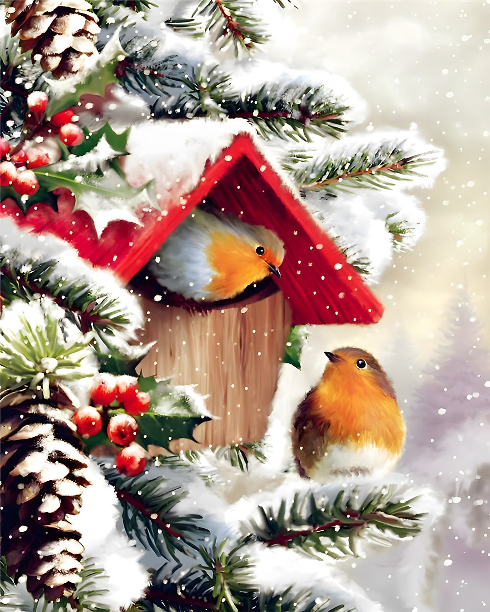 Bird's Nest and Red Berries in the Snow Diamond Painting