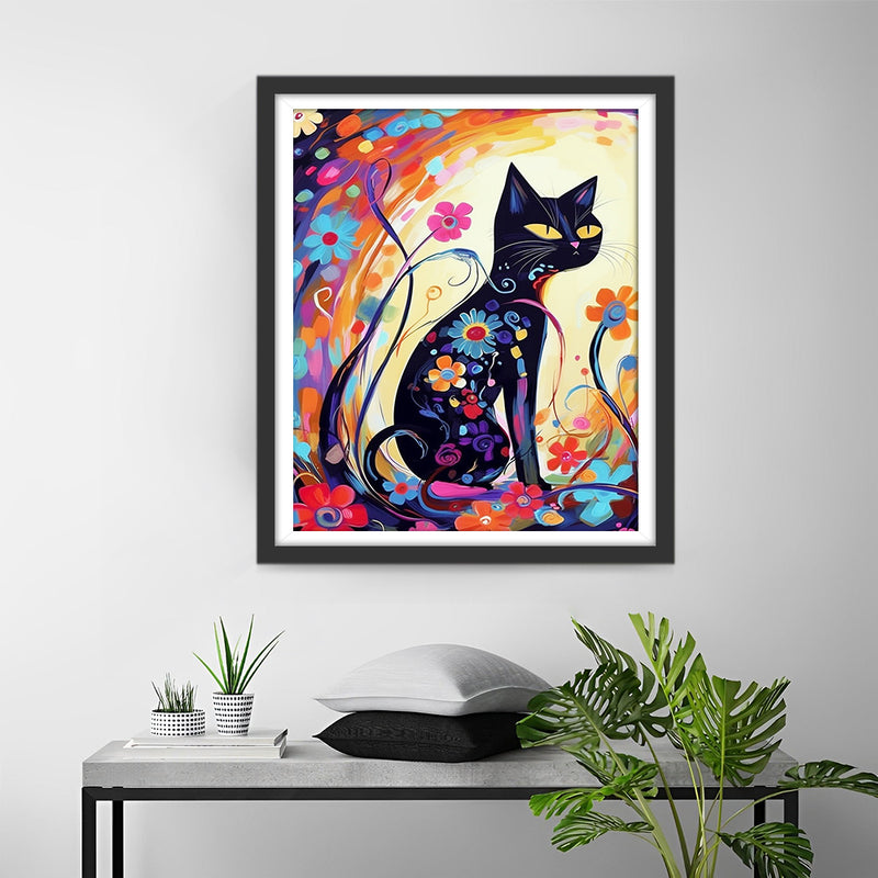 Black Cartoon Cat and Colorful Flowers Diamond Painting