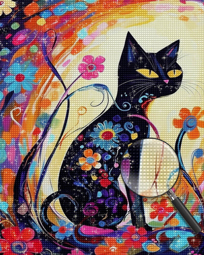 Black Cartoon Cat and Colorful Flowers Diamond Painting