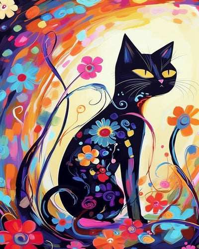 Black Cartoon Cat and Colorful Flowers Diamond Painting