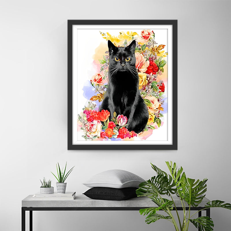 Black Cat and Colorful Flowers Diamond Painting