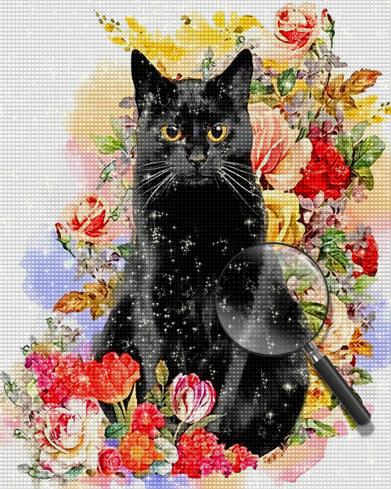 Black Cat and Colorful Flowers Diamond Painting