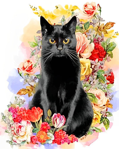 Black Cat and Colorful Flowers Diamond Painting