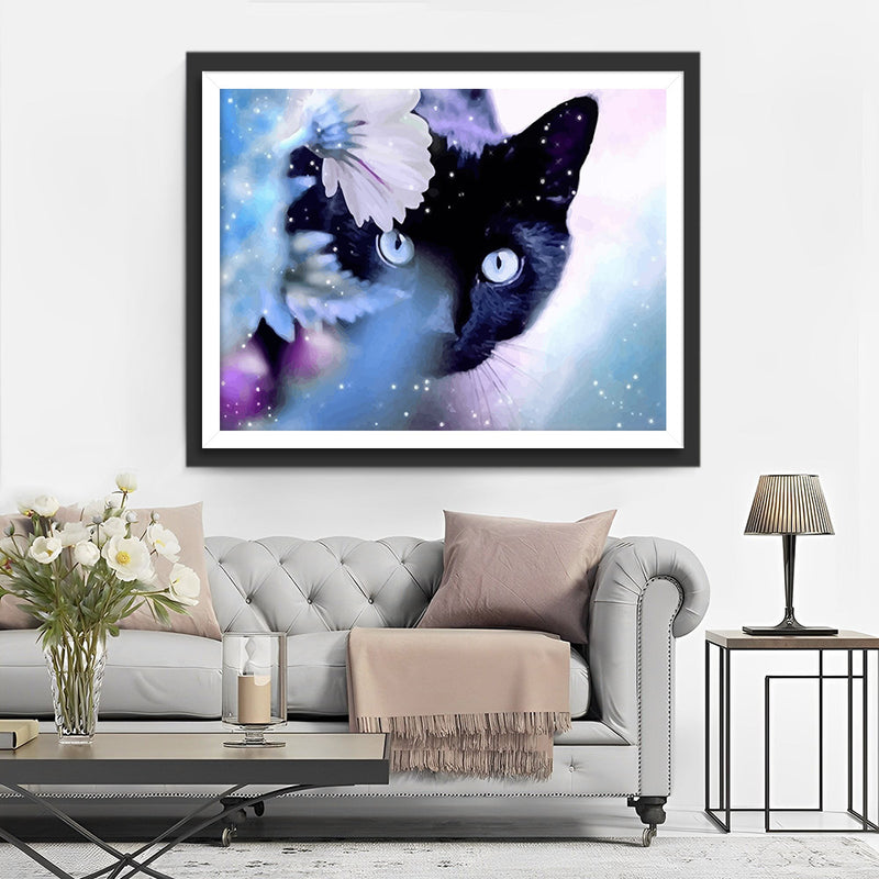 Black Cat Hiding behind White Flower Diamond Painting