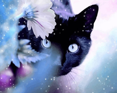 Black Cat Hiding behind White Flower Diamond Painting