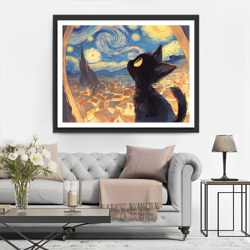 Black Cat Looks at the Starry Sky Diamond Painting