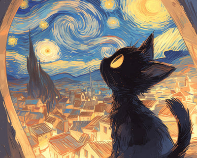 Black Cat Looks at the Starry Sky Diamond Painting