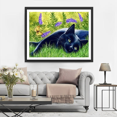Black Cat on Grass Diamond Painting